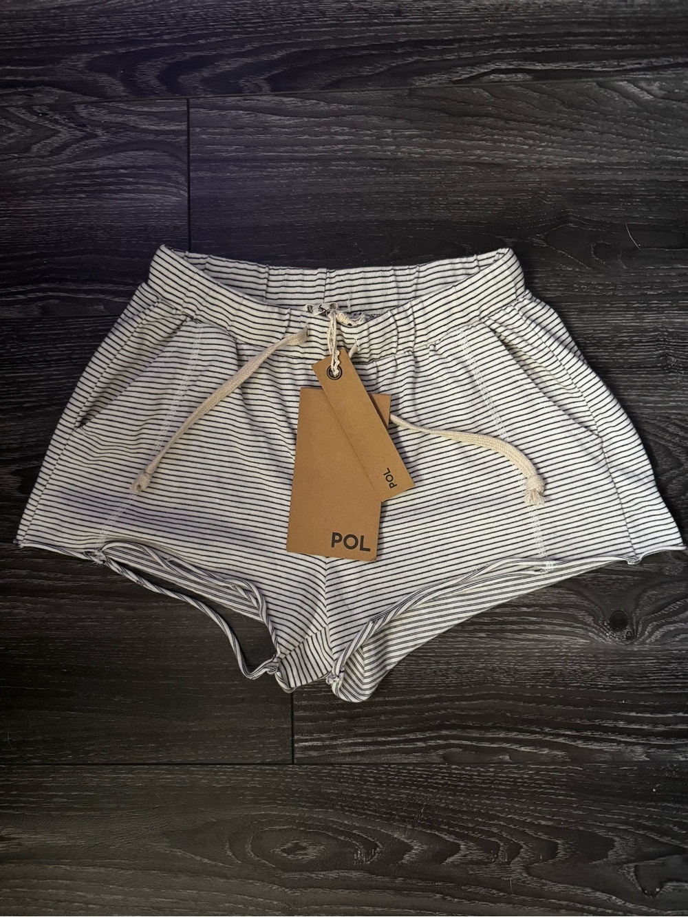 POL Women’s Striped Drawstring Athletic Shorts in White & Navy